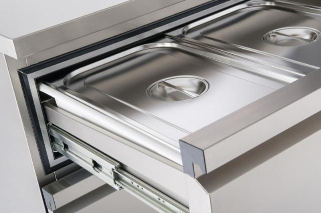 open Flexdrawer counter showing pan and lid within
