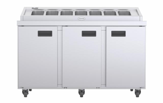 front view of 3 door prep station showing closed doors and empty GN pans