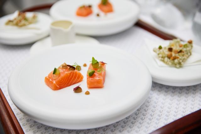 plated and decorated salmon and pistachio 