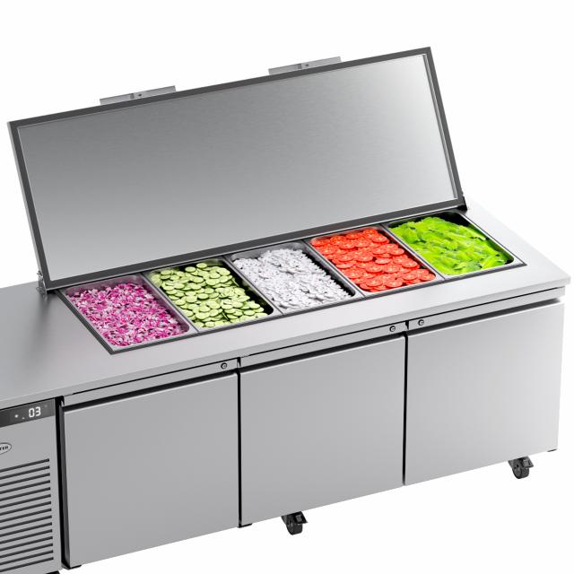 EcoPro G3 counter fitted with saladette cut-out and hinged cover, filled with ingredients