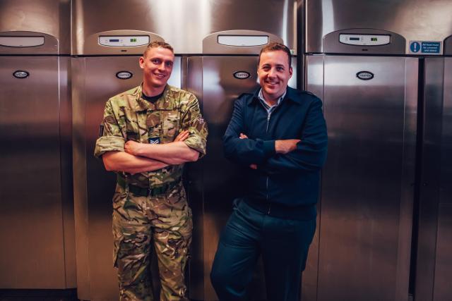 RAF chefs in commercial kitchen with Foster fridge cabinet in the background