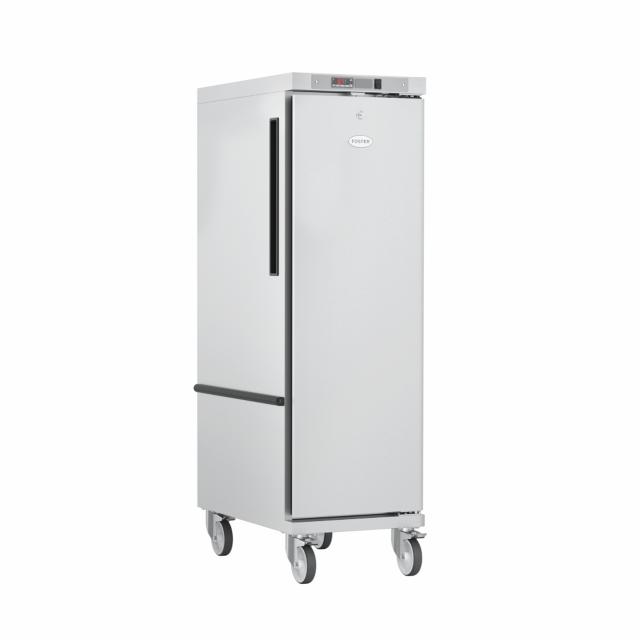 full hight view of a mobile heated cabinet viewed from an angle so that the hand grip is visible