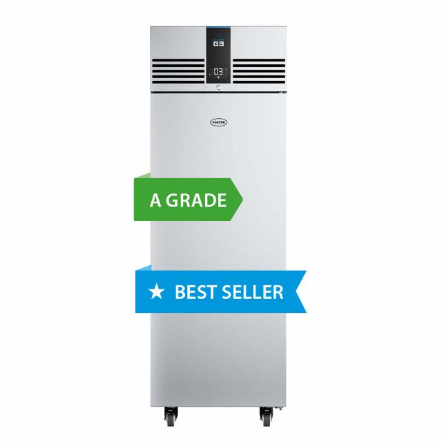 EcoPro G3 upright refrigerator with 'A grade' energy and 'best seller' labels